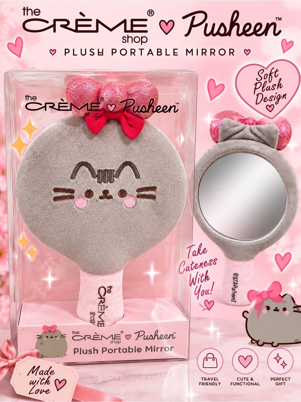 The Crème Shop x Pusheen Plush Portable Mirror - Pink & Gray
